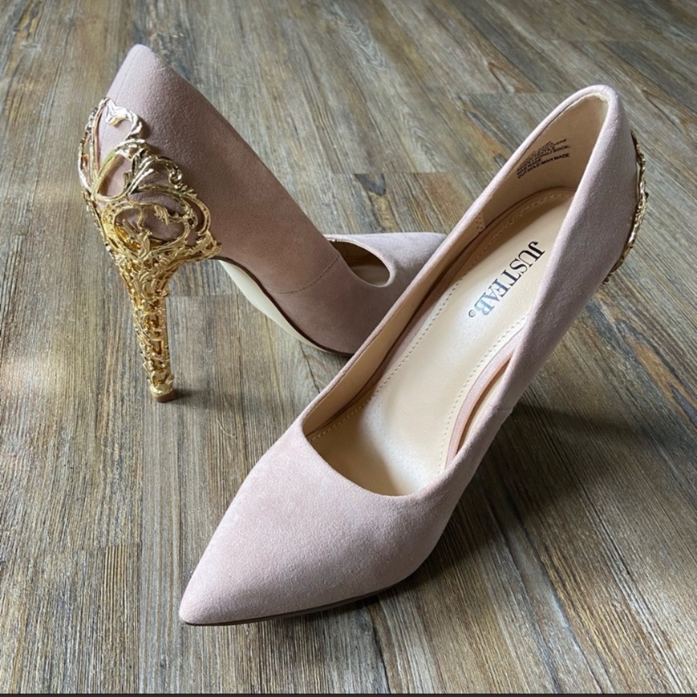 Nude Suede Gold Accent Heels